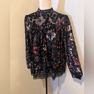 Seen Worn Kept  Oversized Hi-Neck Black Lace Overlay Floral Blouse, size Small